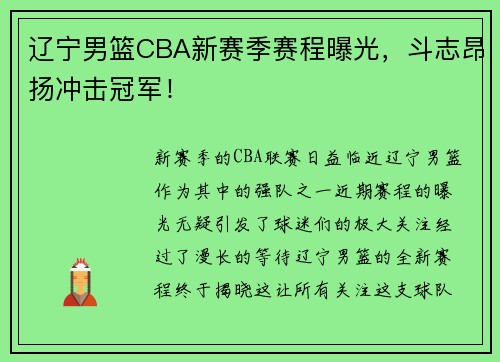 辽宁男篮CBA新赛季赛程曝光，斗志昂扬冲击冠军！