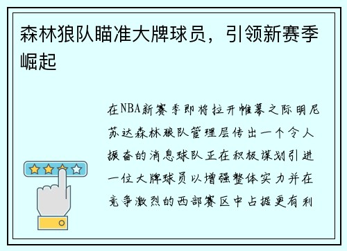 森林狼队瞄准大牌球员，引领新赛季崛起